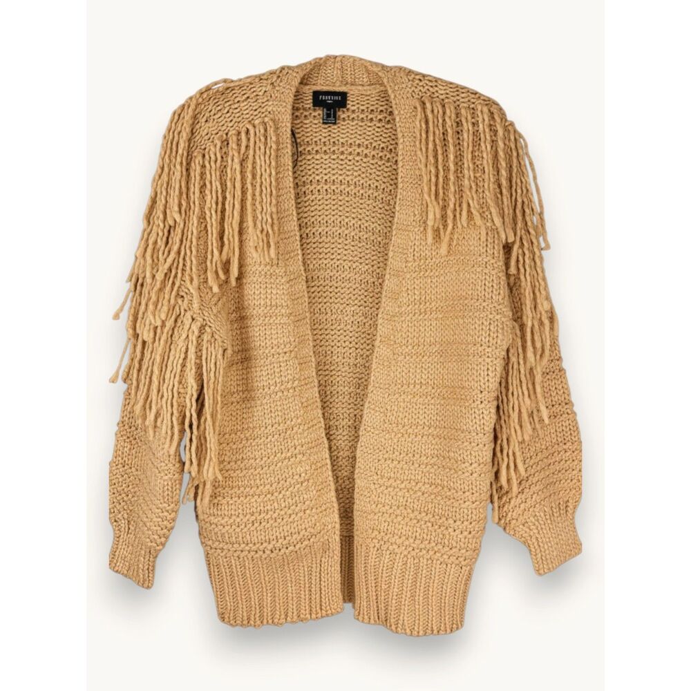 Forever 21 Chunky Oversized Knit Fringe Cardigan Camel Tan Boho S